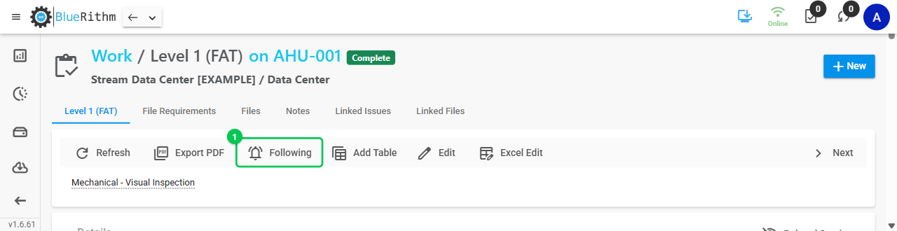 The Following button after following a work item