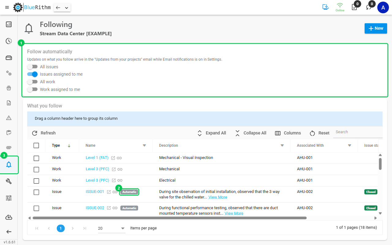The Following page with the Follow automatically settings and the list of followed items