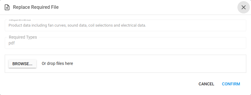 Replace Required File dialog showing the requirement, its required file type, and Browse or drop