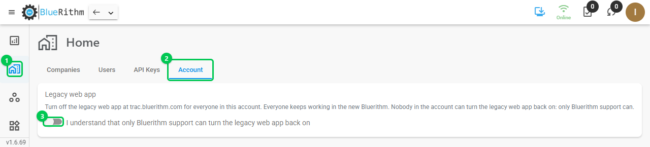 The Account tab on the Home page, with the Legacy web app switch