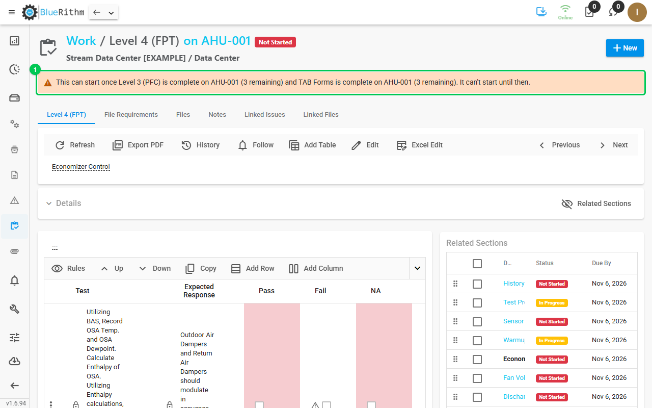 A test form's page with the message saying it can start once the pre-functional checklists and TAB forms on AHU-001 are complete
