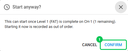 The Start anyway? dialog for a site acceptance test that waits on its factory acceptance test