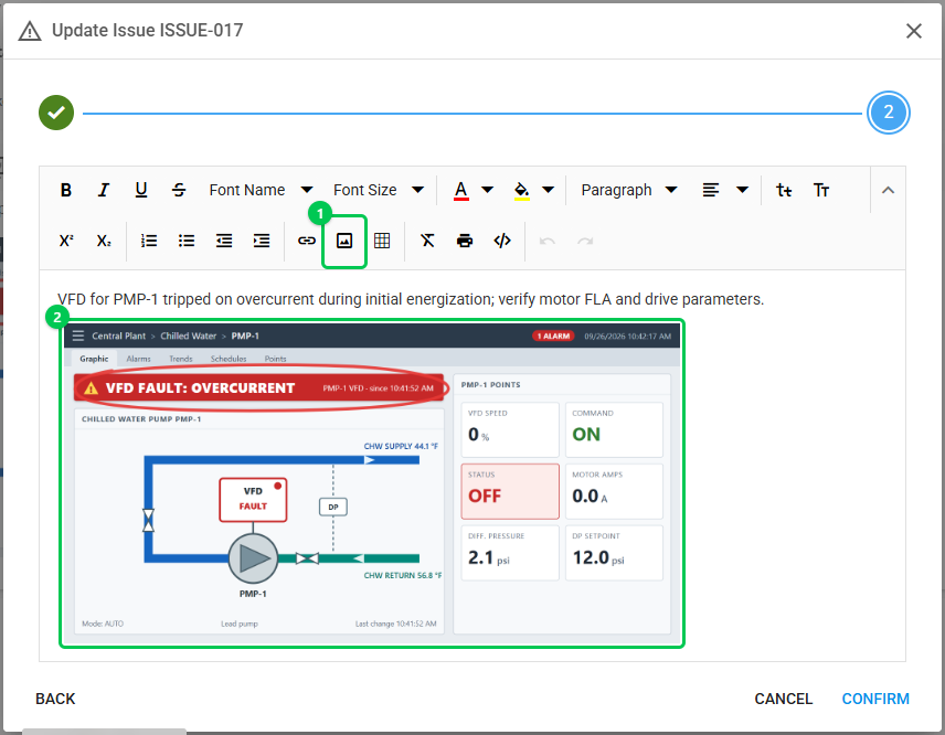 The Update Issue dialog with a building controls screenshot pasted into the issue description; the Insert Image button in the editor toolbar is marked 1 and the pasted image is marked 2