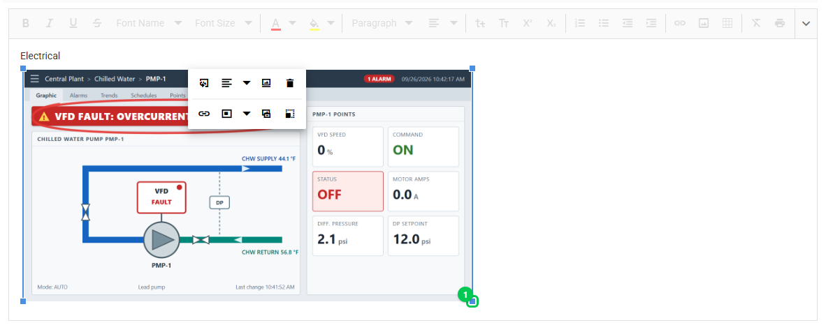 A work description being edited with a pasted screenshot selected; the corner resize handle is marked 1