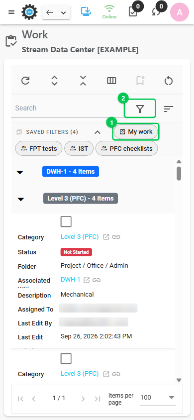 The Work page on a phone with My work (1) and the Filter button (2)
