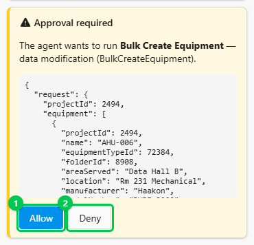 An Approval required card for Bulk Create Equipment, listing the new equipment, with Allow and Deny buttons
