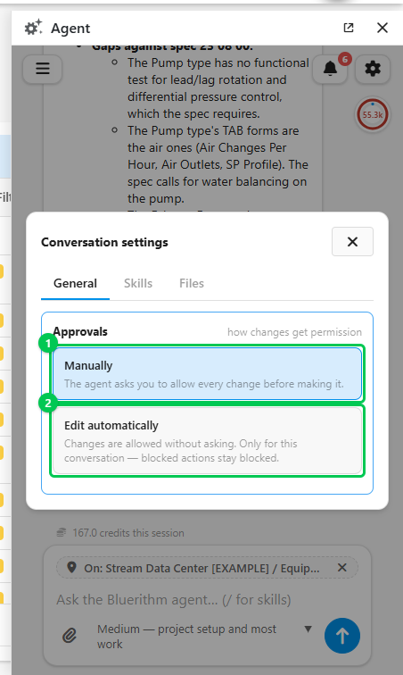 Conversation settings, General tab, with the Approvals options Manually and Edit automatically
