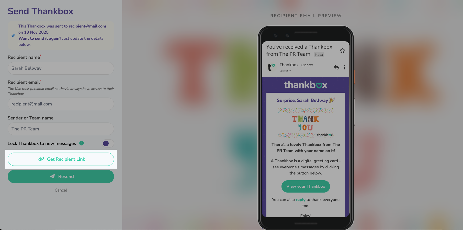 Get recipient link button