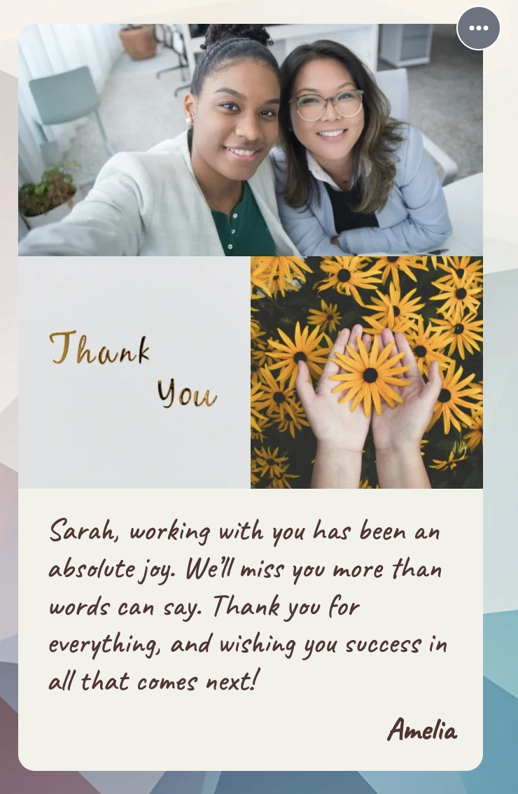 Published message with a photo collage on a Thankbox with a board layout