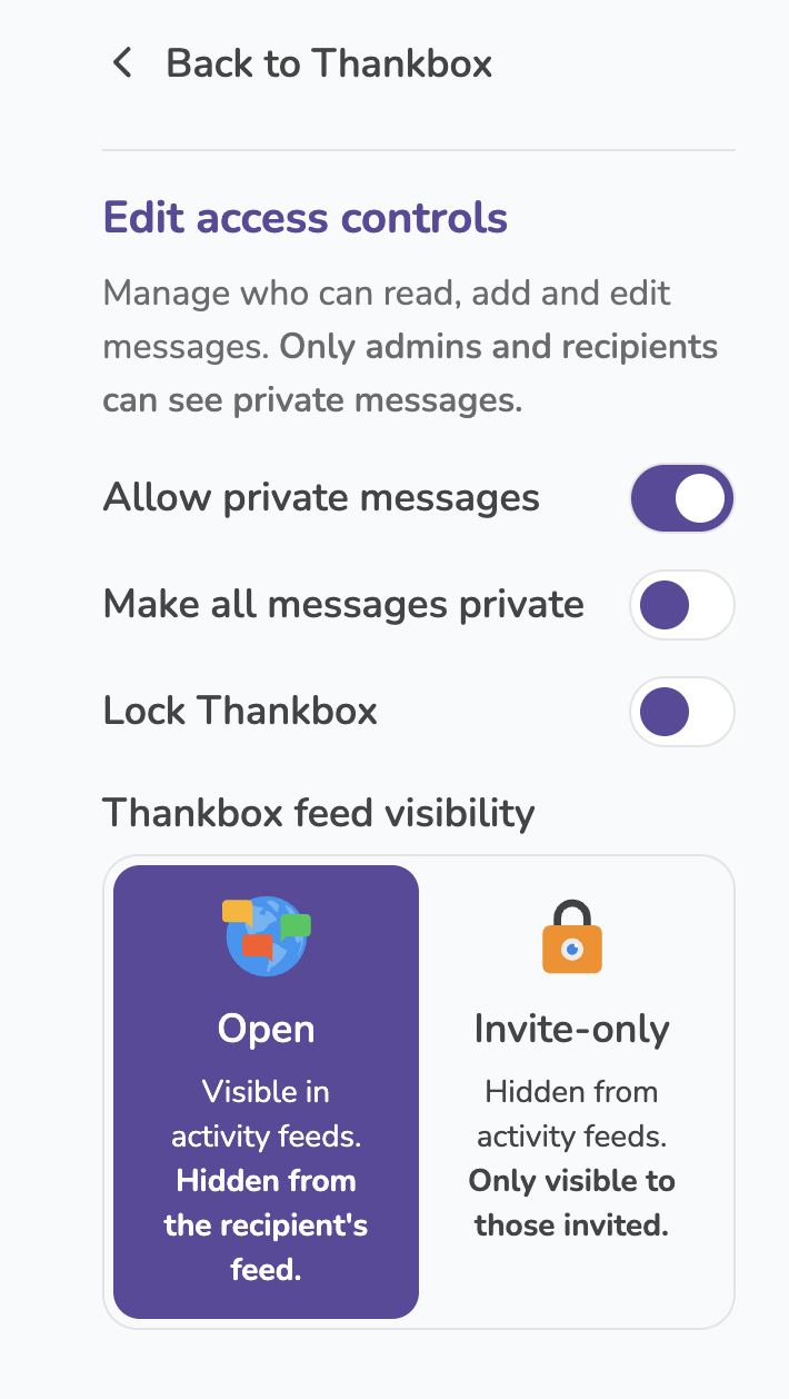 Switch between Open and Invite-only under Thankbox feed visibility