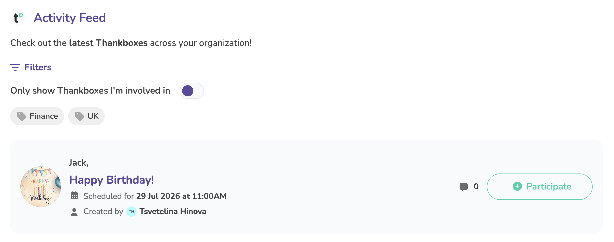 Open Thankboxes appear in the Activity Feed for the whole organisation except the recipient