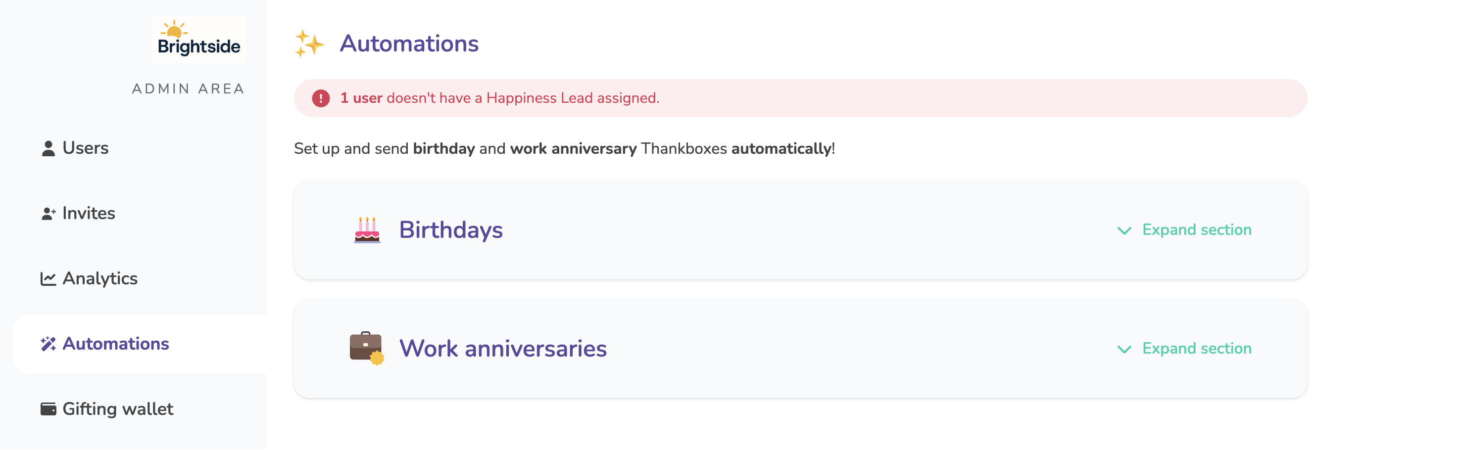 Automations page in the Admin panel