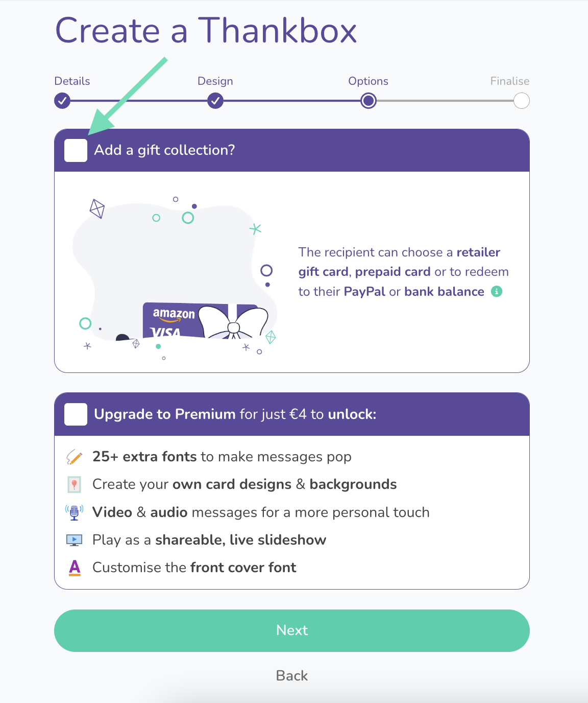 A screenshot showing where to find the checkbox for the gift card collection
