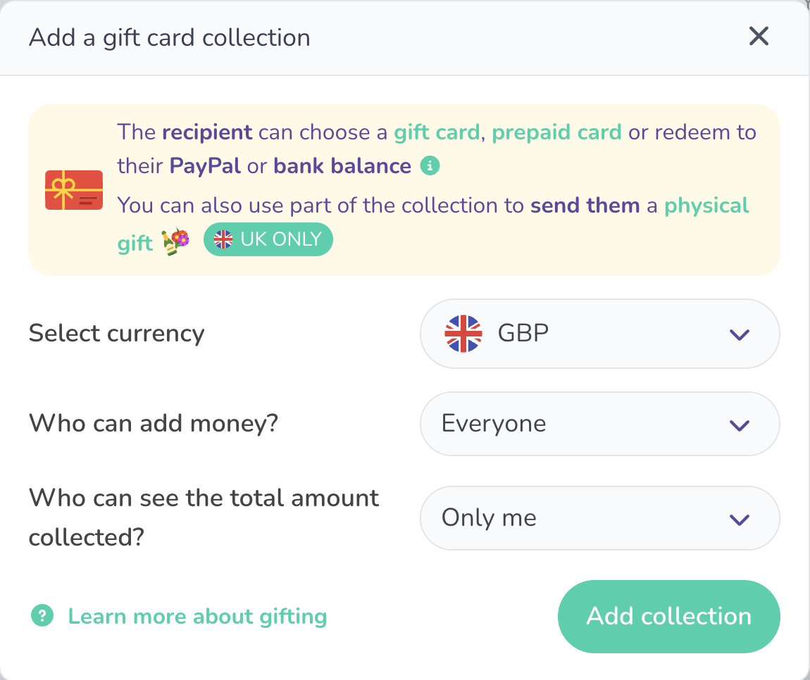 An image of the customisation options for the gift collection