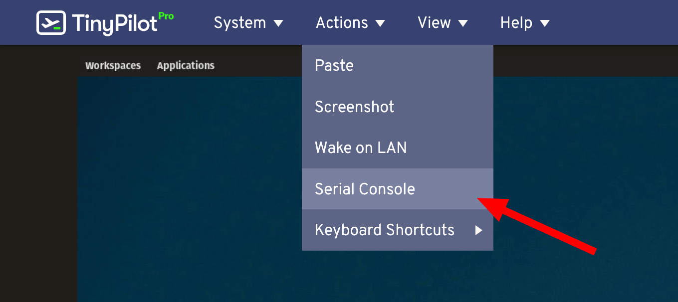 A screenshot of TinyPilot's web interface showing the Actions menu open. The Serial Console item is highlighted and a red arrow points to it.