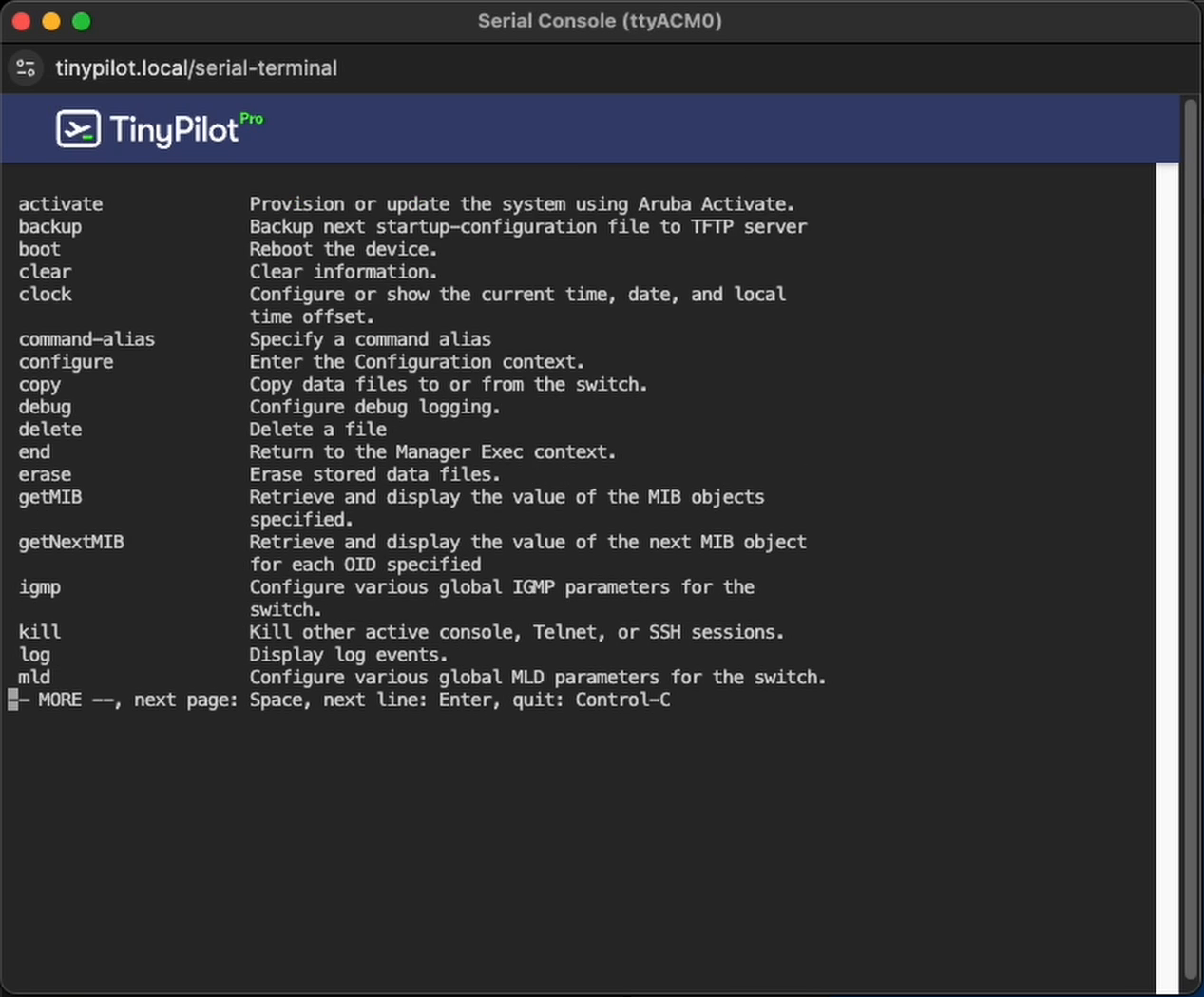 A screenshot of a browser popup window showing TinyPilot's serial console connected to a serial device. You can see output from a 'help' command.
