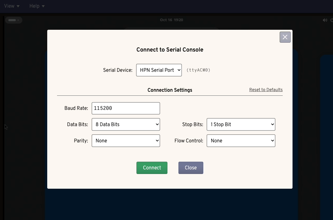 TinyPilot's Serial Console dialog showing options to connect to a serial device. A serial device is selected and there are default connection settings.