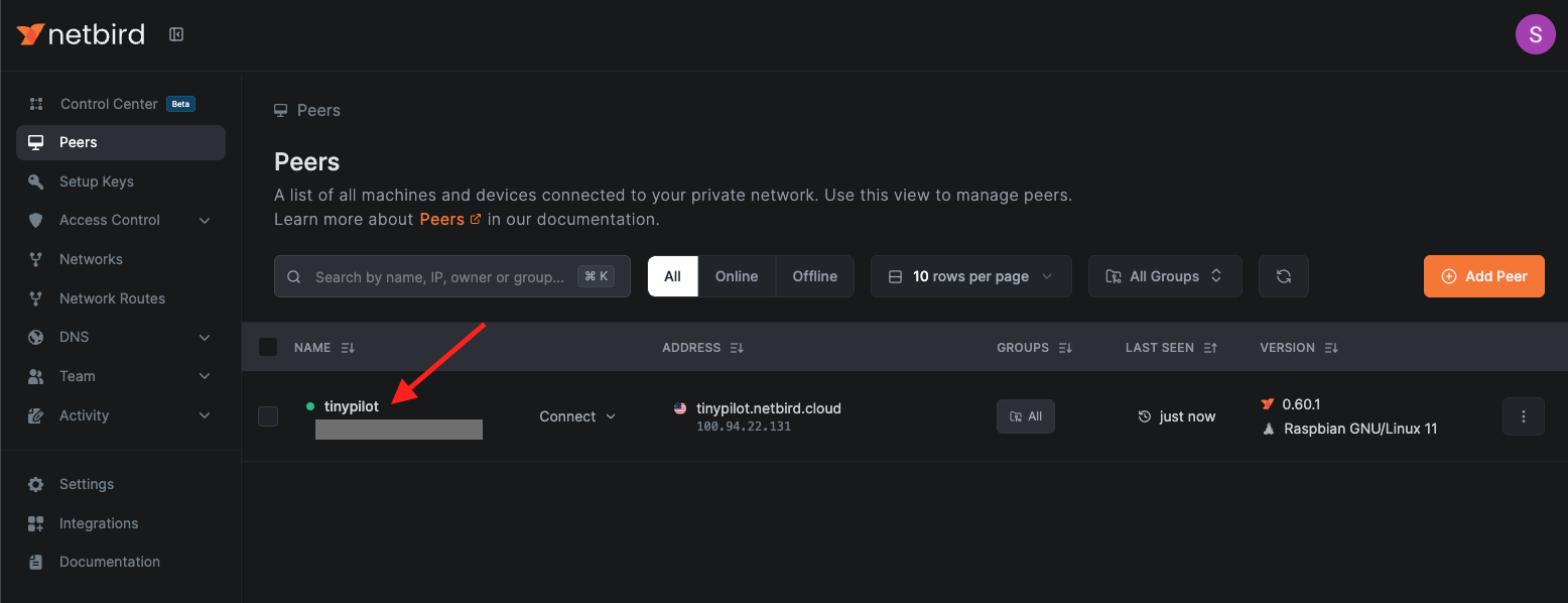 The NetBird Peers tab showing TinyPilot connected to NetBird.