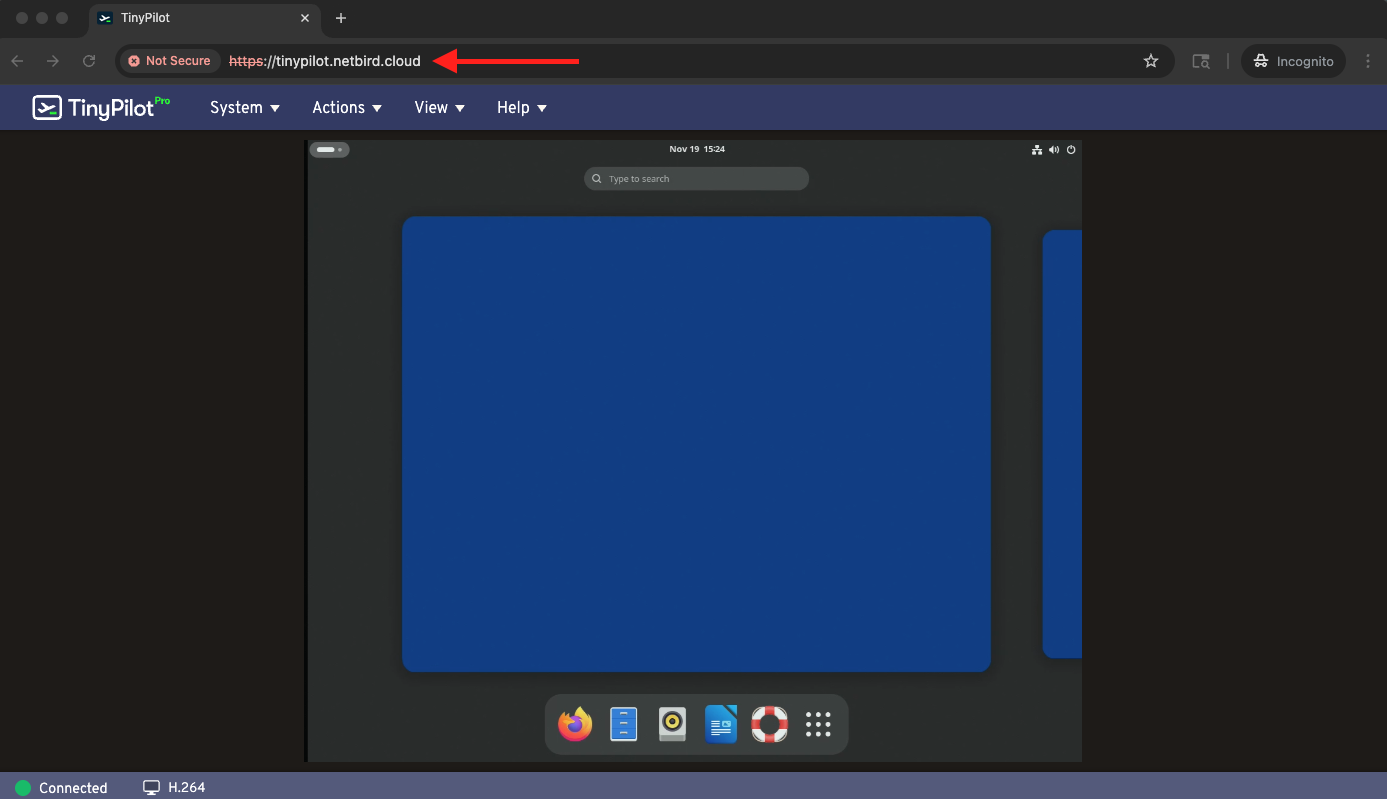 A browser connected to TinyPilot using the NetBird DNS label.