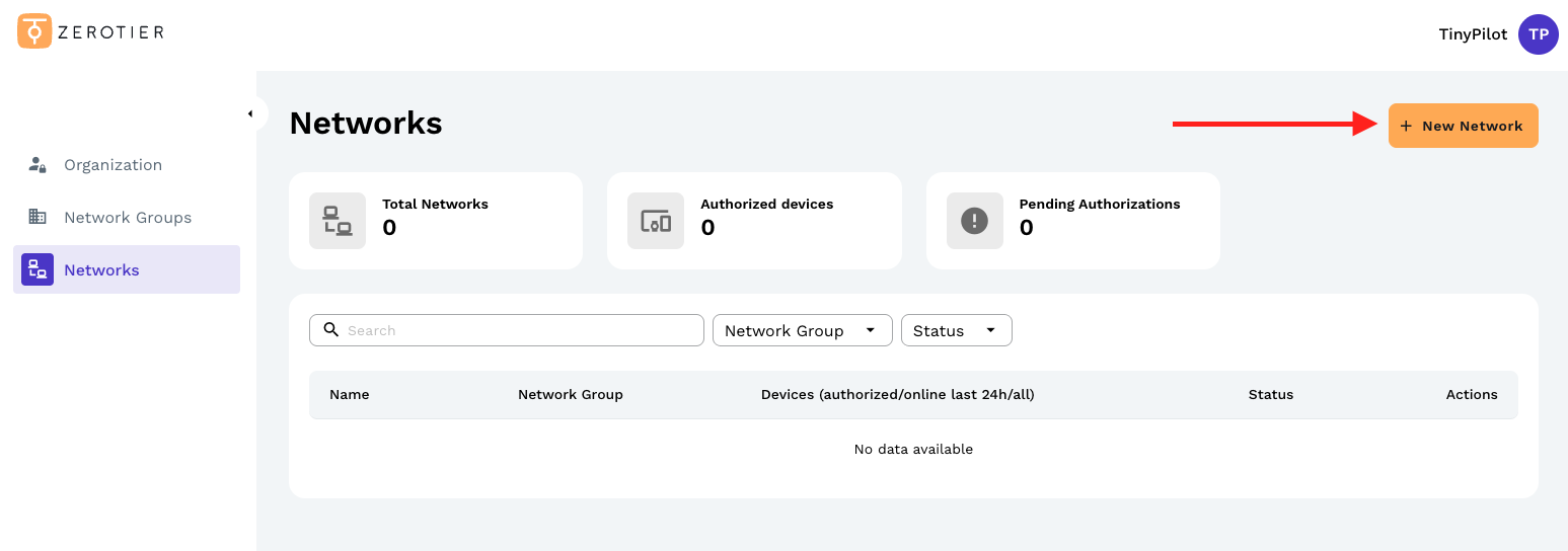 The ZeroTier dashboard showing how to add a network.