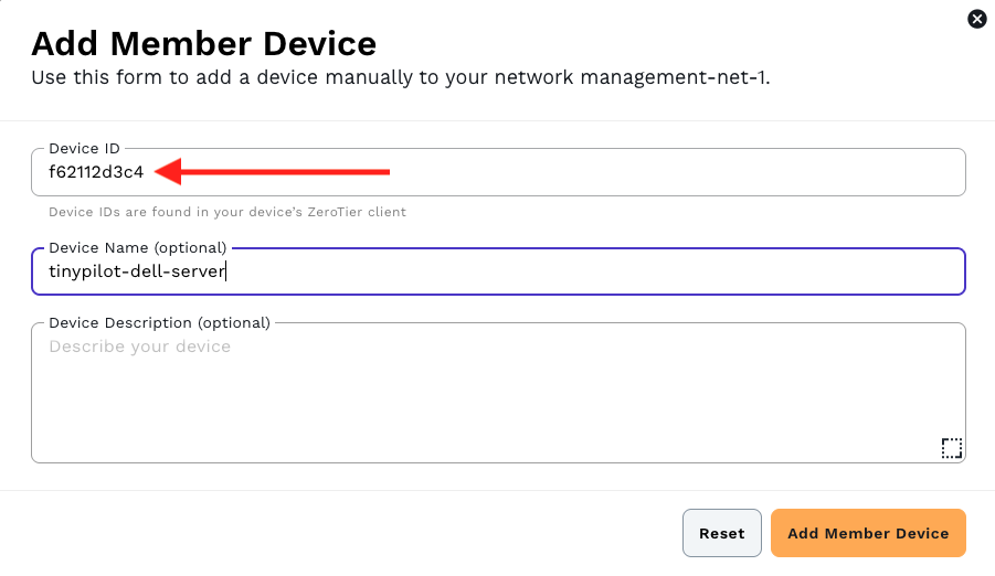 An image showing where to paste the ZeroTier address from your TinyPilot.