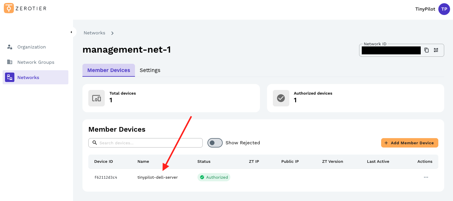 A ZeroTier network showing TinyPilot added as a Member Device.