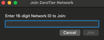A ZeroTier prompt to enter a 16-digit Network ID.