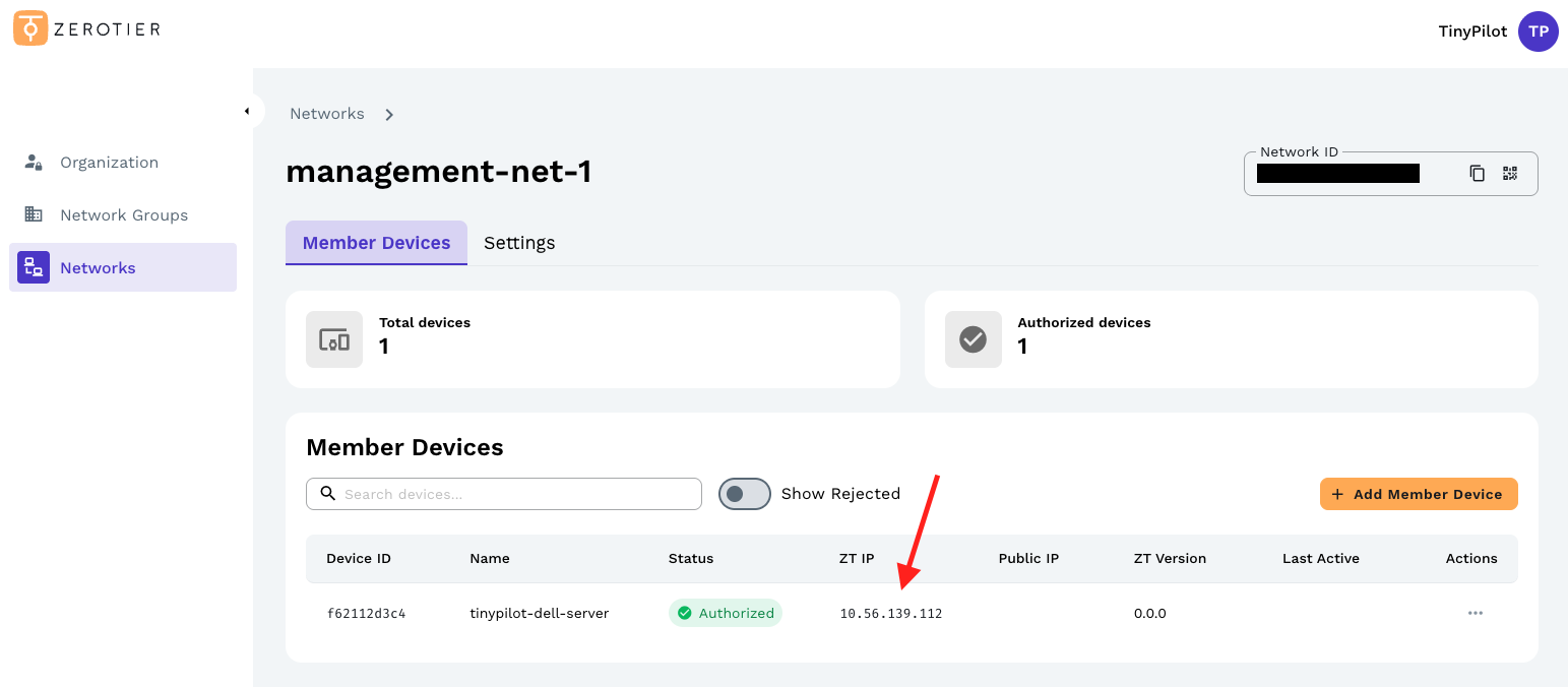 A screenshot showing a TinyPilot successfully joined to a ZeroTier network.