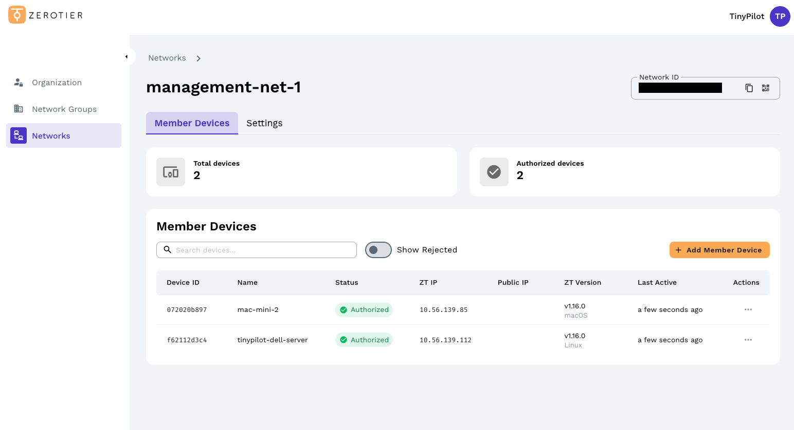 A screenshot showing two authorized devices in the network.