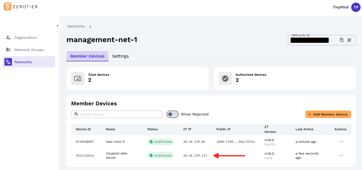 A screenshot showing where to find TinyPilot's ZT IP.