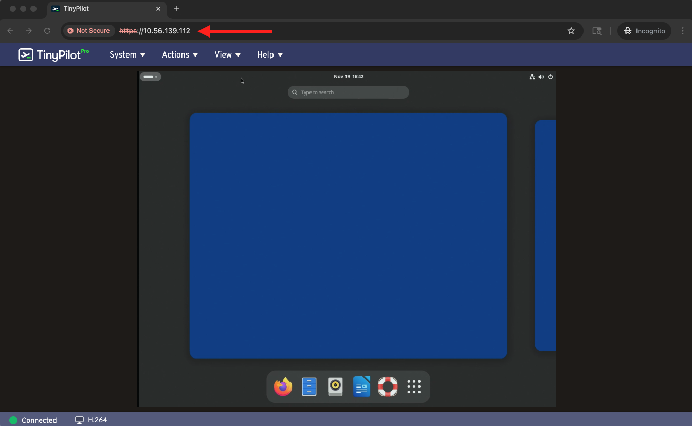 A browser connected to TinyPilot using the ZeroTier IP.