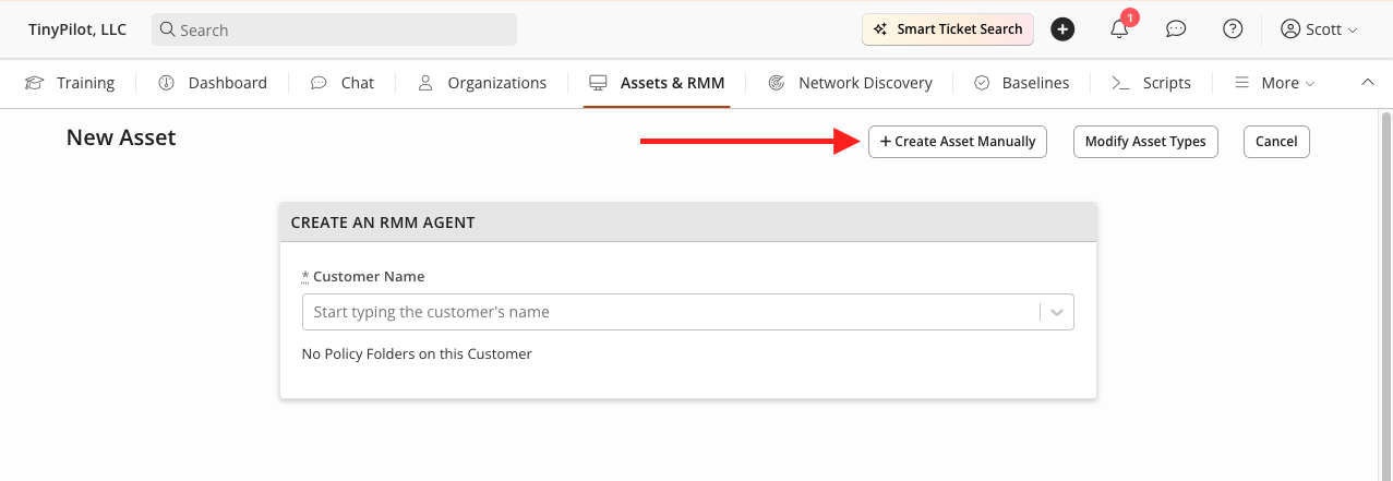 A screenshot showing the Syncro dashboard, listing assets.