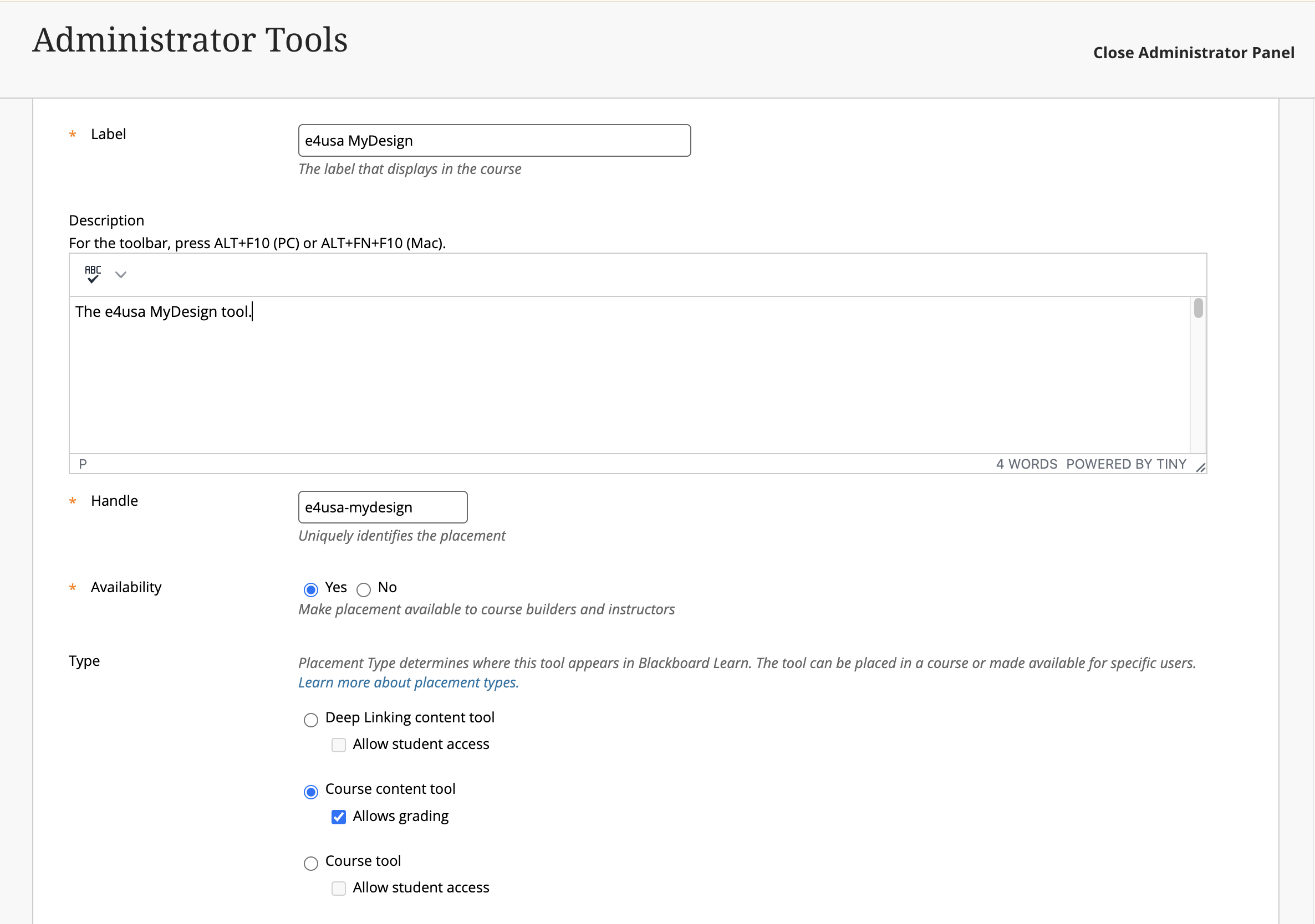 Screenshot of the Create Placement form