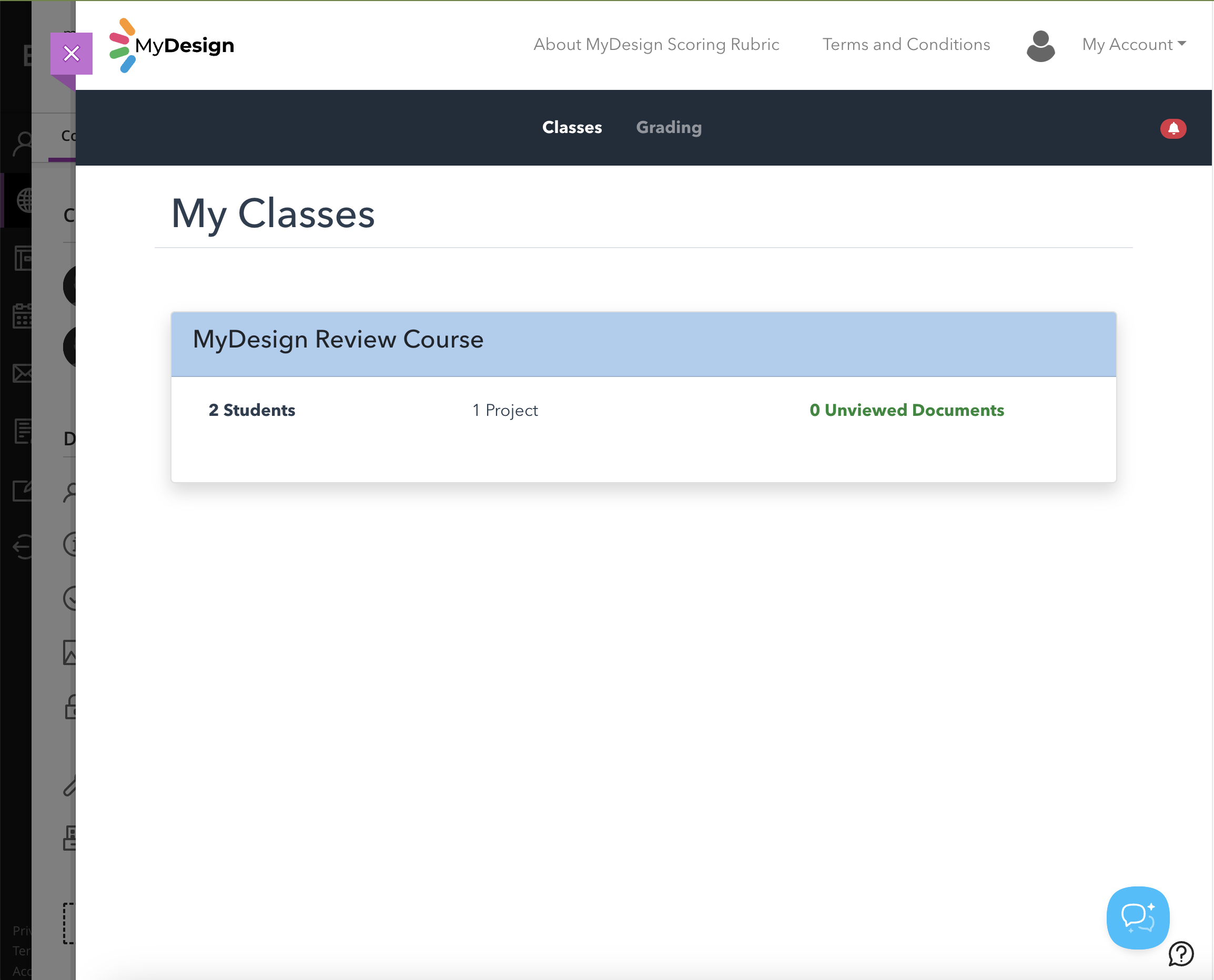 Screenshot showing MyDesign open in Blackboard