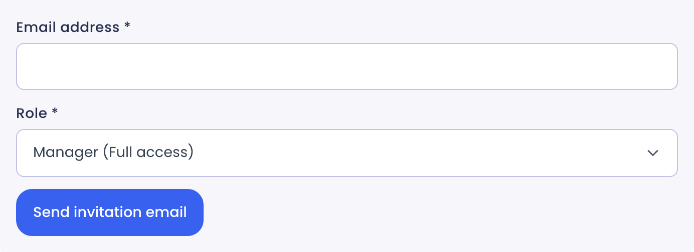 Invite form with Email address, Role and Send invitation email