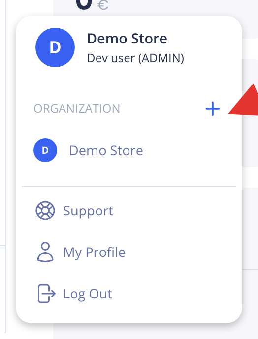 Organization menu with the plus button and the list of organizations