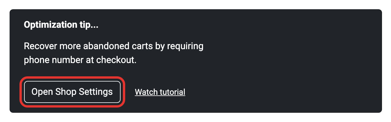 CartBoss app in Shopify: the Optimization tip card with the Open Shop Settings button marked