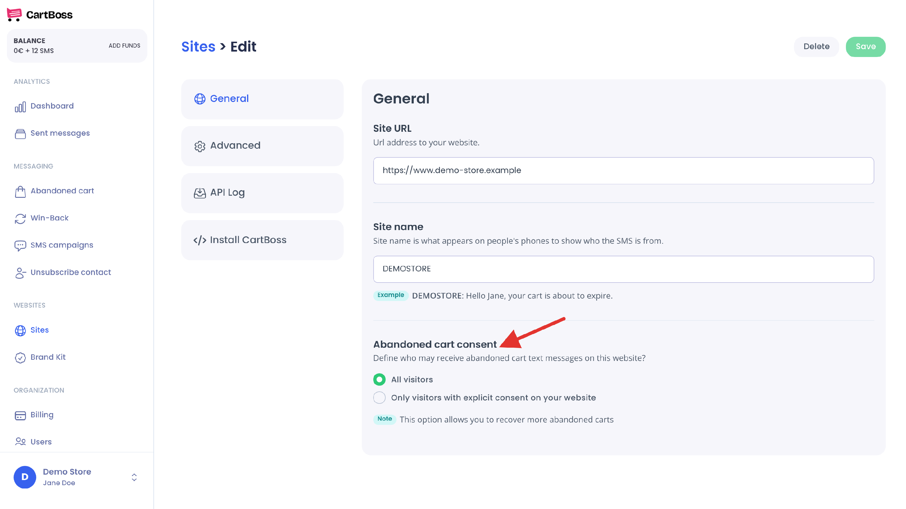 Store settings, General tab, with an arrow on the Abandoned cart consent setting