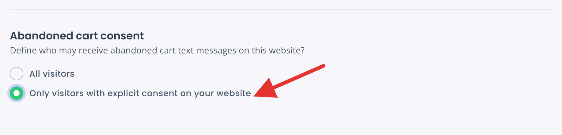 CartBoss store settings, General tab: Abandoned cart consent set to Only visitors with explicit consent on your website