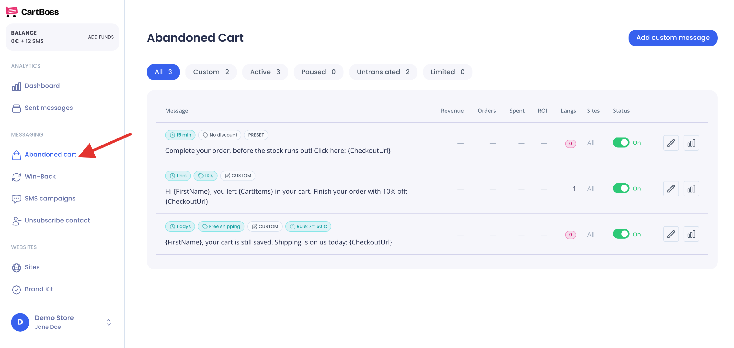 Messaging, Abandoned cart page with the filters, three messages and the Add custom message button
