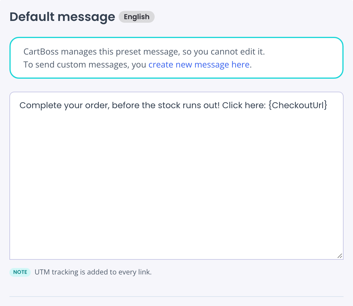 Preset message editor with the note: CartBoss manages this preset message, so you cannot edit it