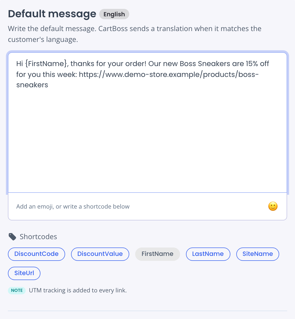 Default message box with a Win-Back text that ends with a full product link starting with https://