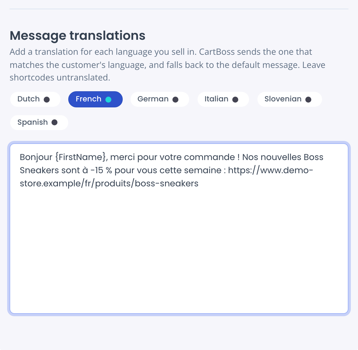 Message translations with French selected and a French text that links to the French product page