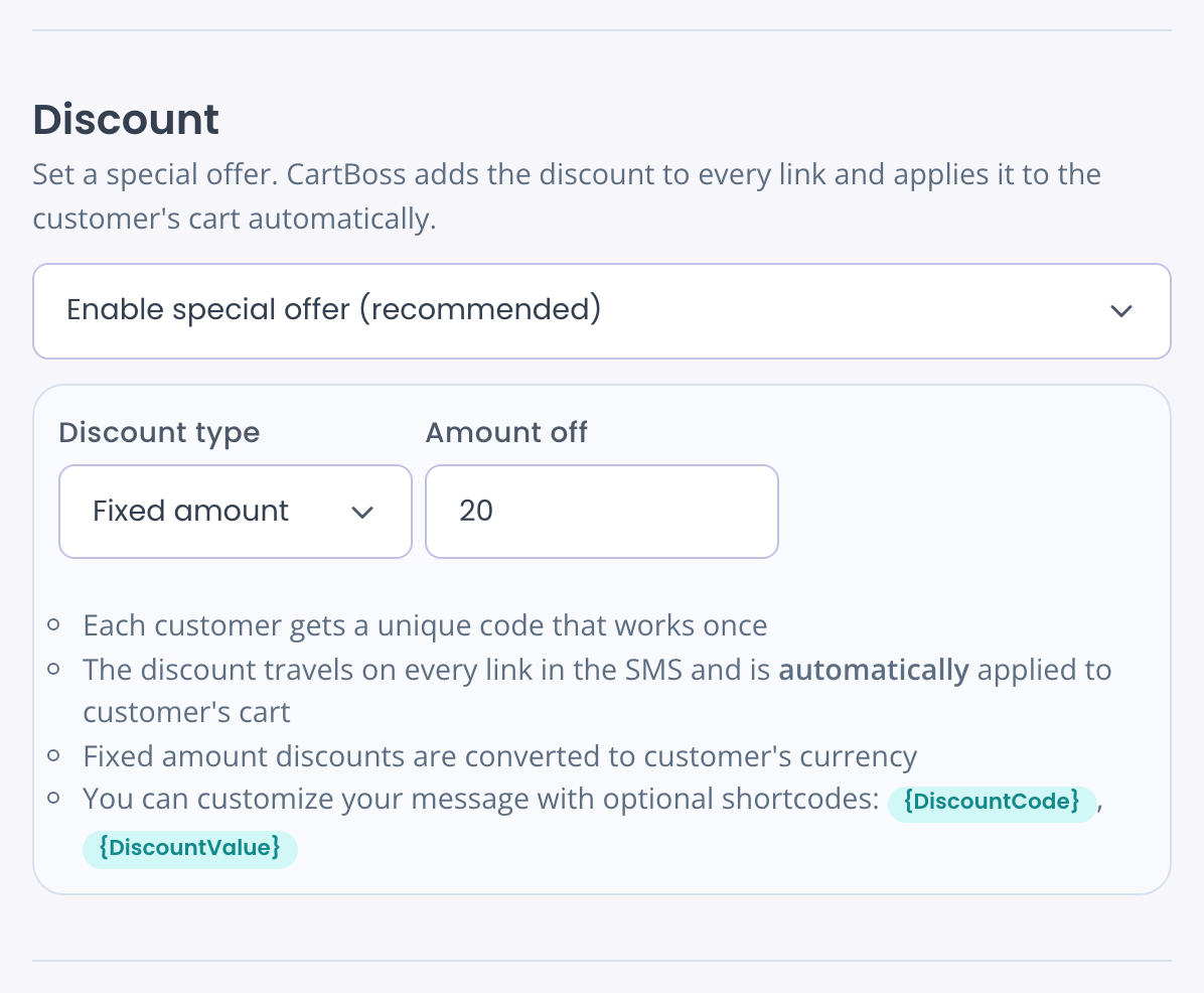 Discount type Fixed amount with Amount off 20 and the hint that fixed amounts are converted to the customer's currency