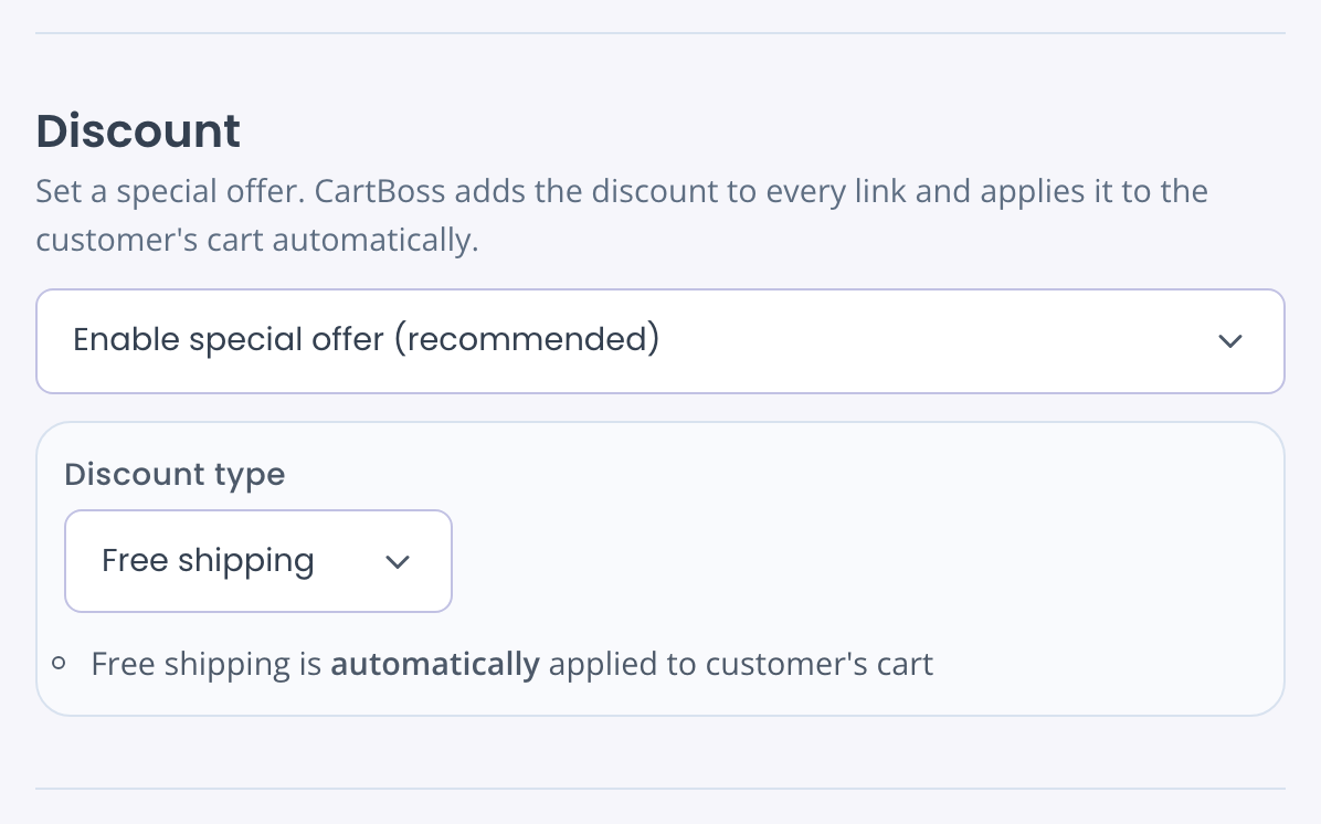 Discount type Free shipping with the hint: Free shipping is automatically applied to customer's cart