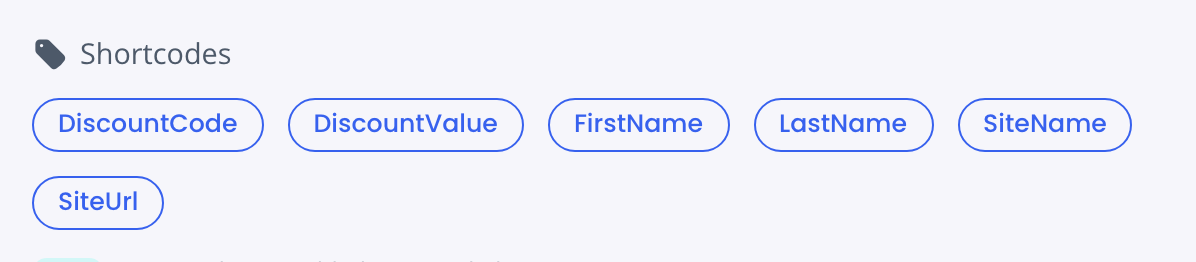 Shortcodes buttons in the Win-Back editor: DiscountCode, DiscountValue, FirstName, LastName, SiteName, SiteUrl