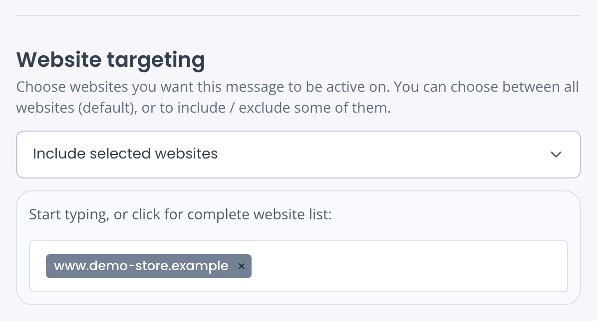 Website targeting set to Include selected websites, with www.demo-store.example selected