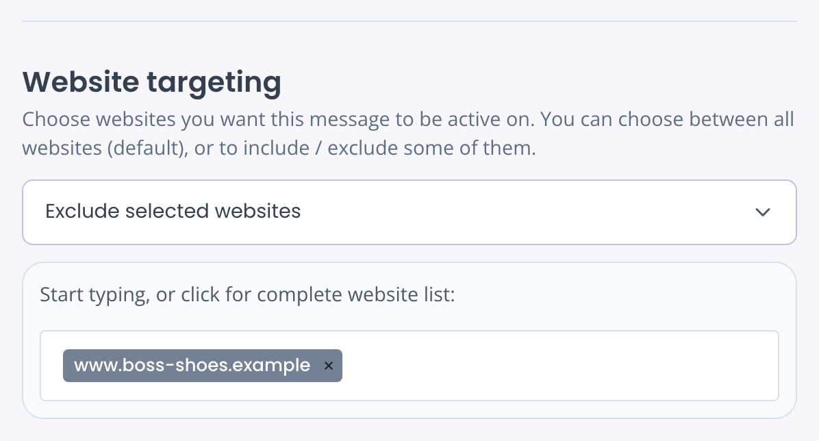 Website targeting set to Exclude selected websites, with www.boss-shoes.example selected