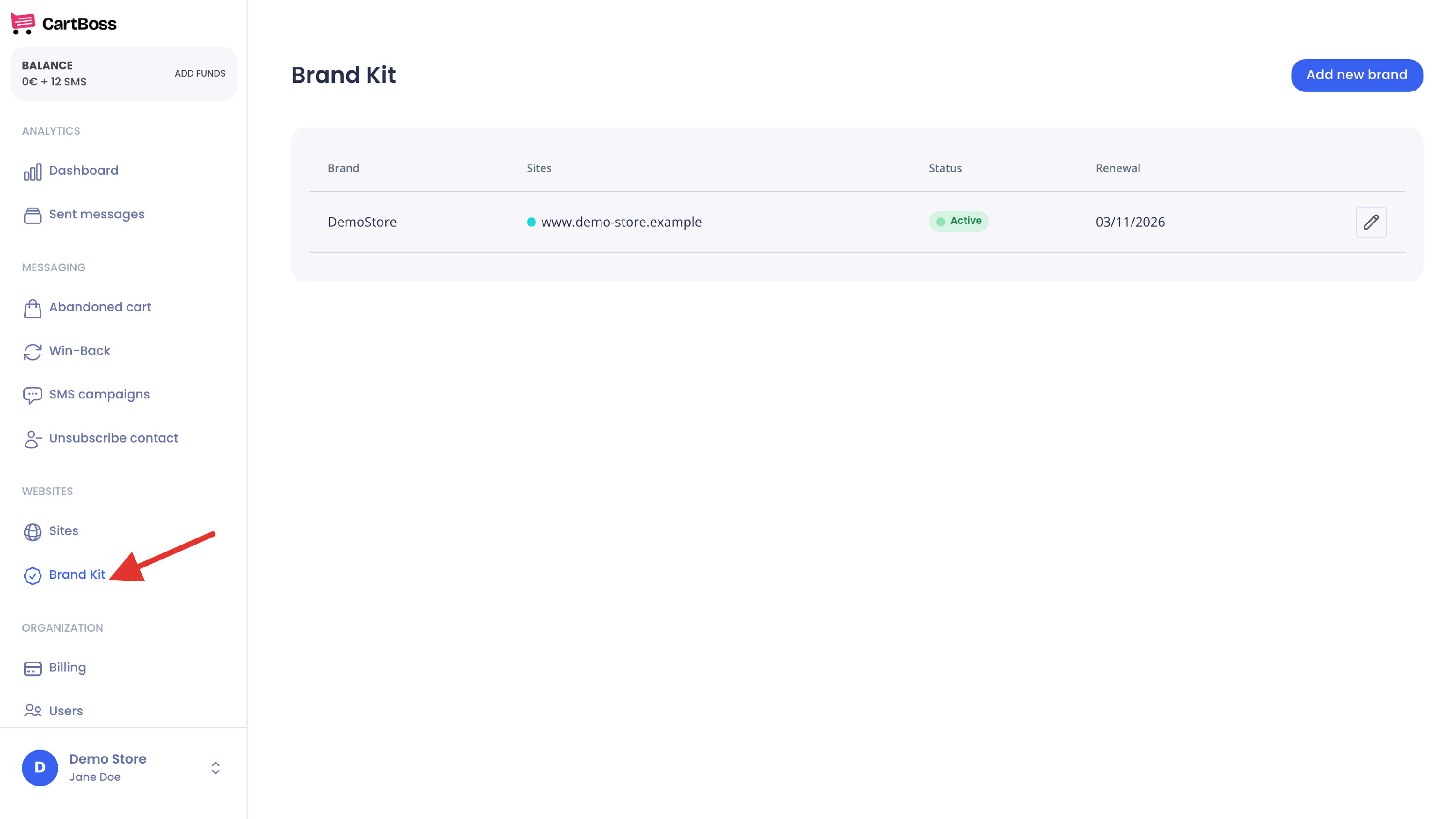 Brand Kit in the left menu under Websites, and the Brand Kit page with the Add new brand button