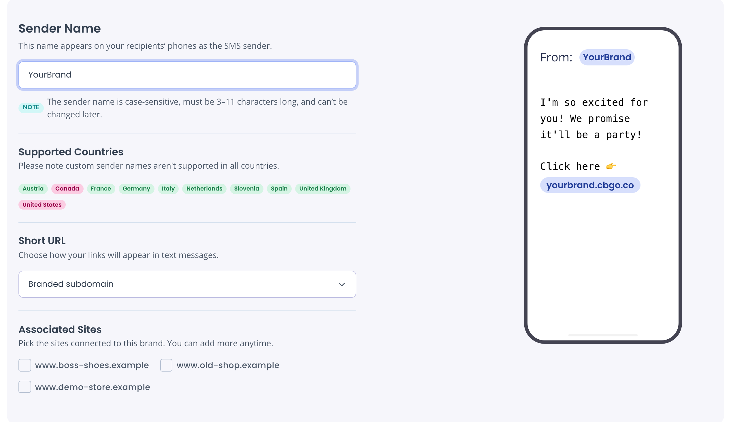 New brand form with Sender Name YourBrand, Supported Countries, Short URL set to Branded subdomain, Associated Sites and the phone preview From: YourBrand